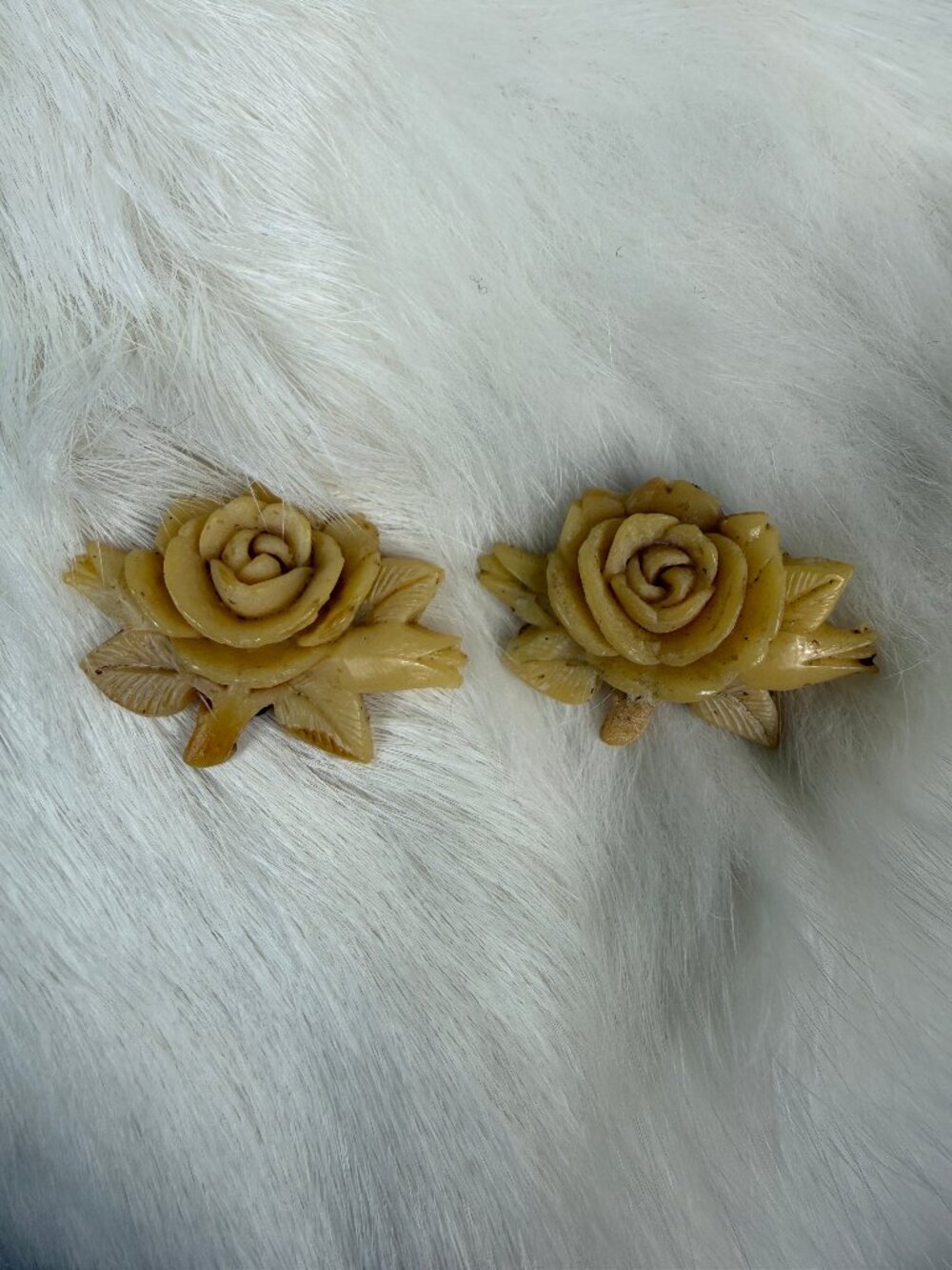 Vintage Art Deco Celluloid Carved Rose Clip-on Earrings 1.25" X 1.25"